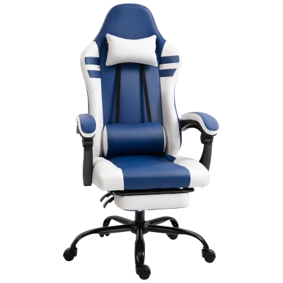 Vinsetto PU Leather Gaming Office Chair Ergonomic Reclining Gaming Chair w/ Retractable Footrest Blue/White