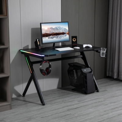 HOMCOM Gaming Desk Computer Table Metal Frame with LED Light, Cup Holder, Headphone Hook, Cable Hole, Black