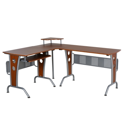 HOMCOM 86.5H x 170L x 140W cm Steel MDF Top L-Shaped Corner Desk w/ Keyboard Tray Brown