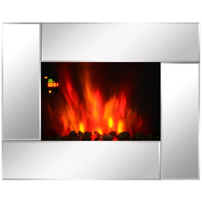 HOMCOM Wall Mount Electric Fireplace Heater, Flame Effect,Tempered Glass-Silver