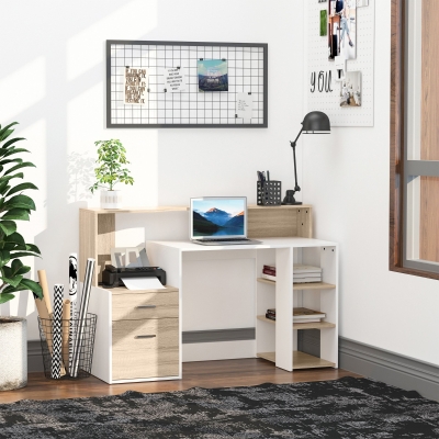 HOMCOM White and Wood Desk Wooden Computer Desk 140Lx55Dx92H cm Modern Home Office Writing Workstation Furniture Printer Shelf Rack Storage Drawer & Shelves-Oak/White