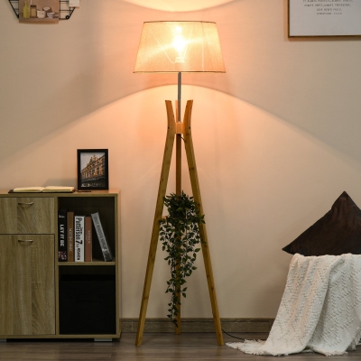 HOMCOM Natural Wood Tripod Floor Lamp Light E27 Base Bedroom Living Room Fabric Shade Storage Shelf Foot Switch, 156cm, Beige