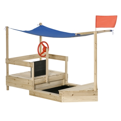 Outsunny Sandkasten Sandkiste groß mit Abdeckung Schiff Design Matschekiste aus Holz Sitzbank Flaggenmast Segelschiff Spielhaus für Kinder 3-8 Jahre Natur 180 x 91,5 x 144 cm