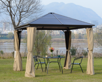 Pavillon de jardin tonnelle rigide dim. 2,94L x 2,94l x 2,67H m alu polycarbonate beige
