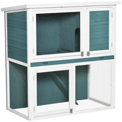 PawHut 2 Tier Wooden Rabbit Hutch, Guinea Pig Cage, Bunny Run, Small Animal House for Indoor Outdoor with Slide-out Tray, Ramp, 104 x 58 x 110cm, Green