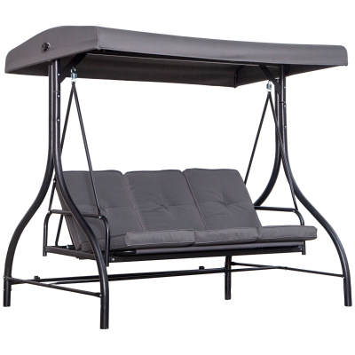 Outsunny Balancelle de Jardin 3 Places Convertible Inclinaison Toit réglable Matelas Grand Confort Rembourrage 8 cm fourni Gris métal époxy Noir