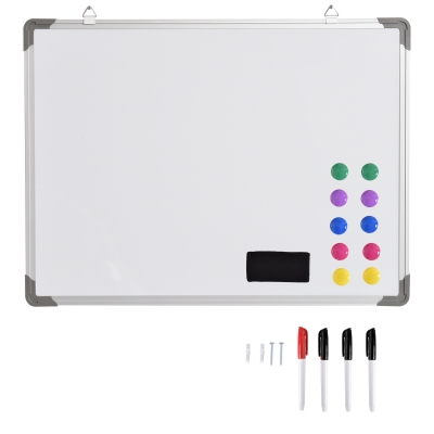 HOMCOM Pizarra Magnética Pizarra de Pared Incluye 4 Rotuladores Borrador y 10 Imanes 60x45x1,8 cm Blanco