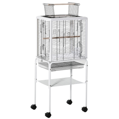 PawHut Gaiola para Passáros com Suporte Desmontável Gaiola com 4 Rodas Teto com Abertura 2 Comedouros 2 Poleiros e Bandeja para Periquitos Canários 47x35x106,5cm Branco