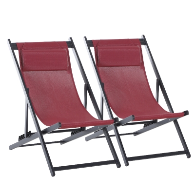 Outsunny Conjunto de 2 Tumbonas Plegables con Respaldo Regulable en 5 Posiciones y Reposacabezas Acolchado Incorporado 58x96.5x91.5cm Rojo Vino