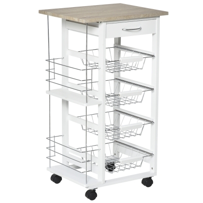 HOMCOM Multi-Use Kitchen Island Trolley w/ 4 Baskets 2 Side Racks Drawer Worktop White