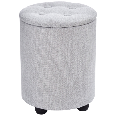HOMCOM Storage Footstool Ottoman Linen Upholstered Round Stool Grey