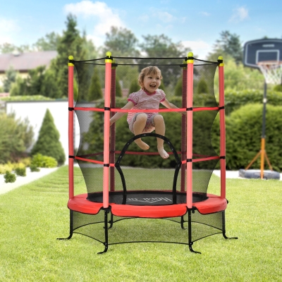 HOMCOM Cama Elástica Infantil Trampolín para Niños +3 Años con Superficie de Salto Ø110 cm Red de Seguridad y Cubierta Protectora para Interior Exterior Ø163x163 cm Rojo