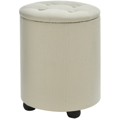 HOMCOM Storage Footstool Ottoman Linen Upholstered Round Stool Cream White