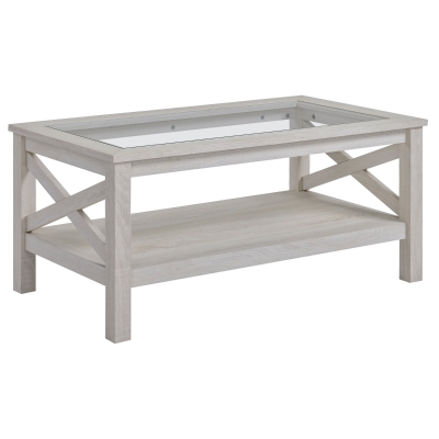 HOMCOM Mesa de Centro Mesa Auxiliar con Estante y Encimera de Vidrio Templado para Sala de Estar Dormitorio 100x55x45 cm Roble Blanqueado