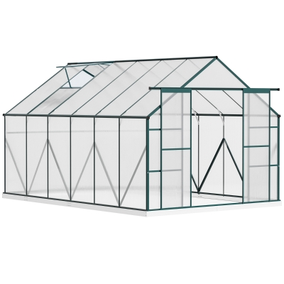 Outsunny Aluminum Greenhouse Polycarbonate Walk-in Garden Greenhouse Kit with Adjustable Roof Vent, Rain Gutter, Sliding Door and Foundation, 8 x 12ft, Clear