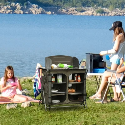 Outsunny Camping Cupboard Foldable Camping Kitchen Storage Unit w/ Windshield & 6 Shelves for BBQ Party Picnics Backyards with Carrying Bag