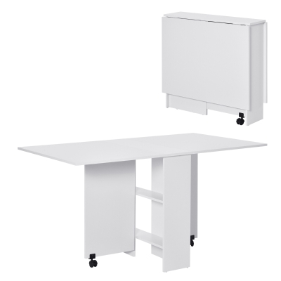 HOMCOM Mesa de Comedor Plegable Mesa de Madera con 2 Solapas 2 Estantes de Almacenaje y Ruedas para Cocina 80x140x74 cm Blanco