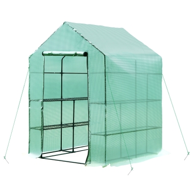 Outsunny 143x143x195 cm Walk in Greenhouse W/ Shelves-Dark Green
