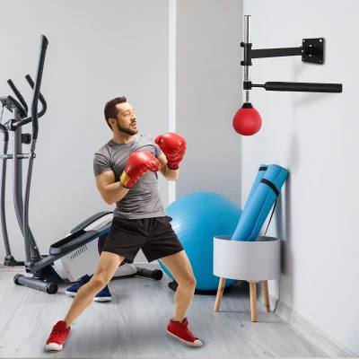 HOMCOM Punching Ball de Boxe Montado na Parede Altura Ajustável com Barra Giratória e Inflador 79x72x20cm Preto e Vermelho