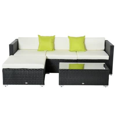 Outsunny 4-Seater Rattan Sofa Set Set Garden Outdoor Sectional Sofa Coffee Table Metal Frame w/Cushion Pillows-Black