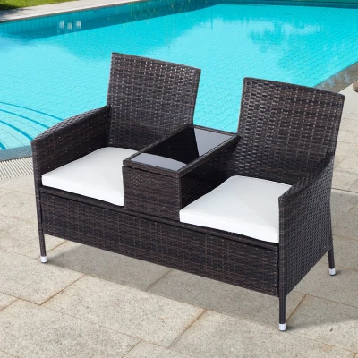 Outsunny 2-Seater Rattan Chair Set with Tea Table Brown