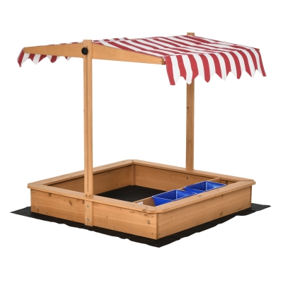 Outsunny Arenero Infantil de Madera con Techo Inclinable Ajustable en Altura y 2 Cubetas de Plástico Cajón de Arena de Jardín para Niños +3 Años 107,5x107,5x110 cm Natural