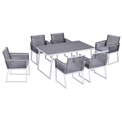 Outsunny 6 Seater Dining Set with 6 PE Rattan Cushioned Chairs & 1 Rectangle Table