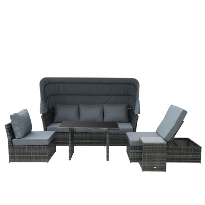 Outsunny 5-Seater Outdoor Rattan Sofa Sets Reclining Adjustable Canopy Side Dining Table with Cushions