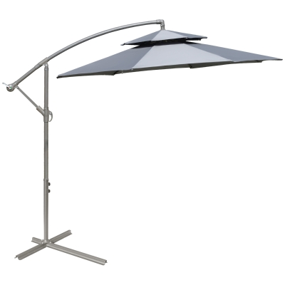 Outsunny Sombrilla de Jardín Ø267 cm Parasol Inclinable con Doble Techo Manivela 8 Costillas de Acero y Base Cruzada Protección Solar para Terraza Balcón Exterior Gris
