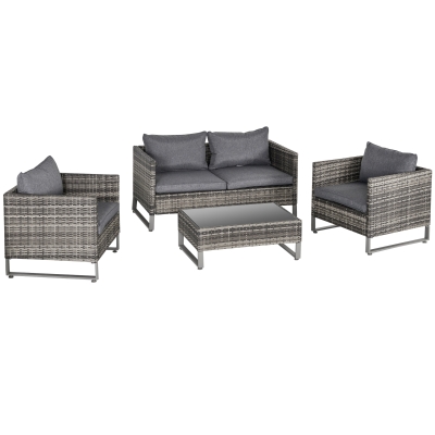 Outsunny 4-Seater PE Rattan Wicker Outdoor Dining Set w/ Sofa Chairs Table Cushions