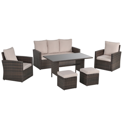 Outsunny 7-Seater Patio PE Rattan Sofa Furniture Set w/ Plastic Wood Dining Table & Cushion