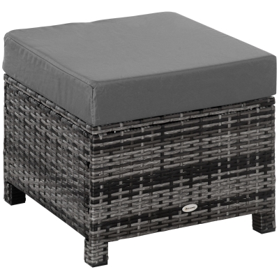 Outsunny Rattan Footstool Wicker Ottoman with Padded Seat Cushion Outdoor Patio Furniture for Backyard Garden Poolside Living Room 50 x 50 x 35 cm Grey