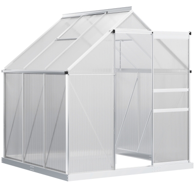 Outsunny Invernadero de Jardín de Policarbonato y Aluminio Caseta de Exterior con Puerta Corredera y 2 Tragaluces para Cultivo Plantas Semillas 190x190x200 cm Transparente