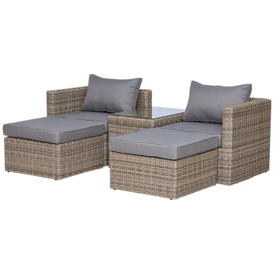 Outsunny 2-Seater PE Rattan Armchair Footstool Set Tall Glass-Top Table Aluminium Frame Grey