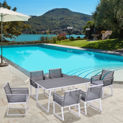 Outsunny 6 Seater Dining Set with 6 PE Rattan Cushioned Chairs & 1 Rectangle Table