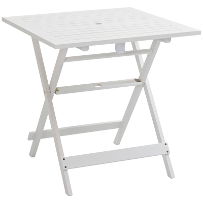Outsunny Mesa de Jardim Dobrável de Madeira com Orifício para Chapéu de Sol Mesa Quadrada de Exterior para Acampamento Viagem Piquenique 70x70x70cm Branco