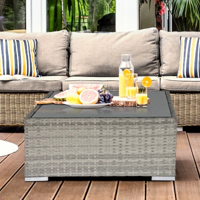 Outsunny Square Rattan Table with Glass Top Light Grey