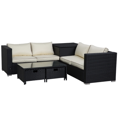 Outsunny 4-Seater Rattan Furniture Sofa Storage Table Set w/ 2 Drawers Corner Table Black