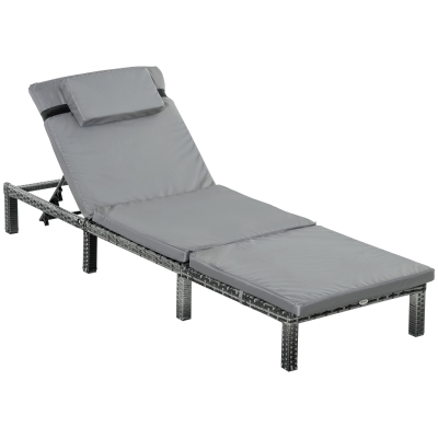 Outsunny Garden Outdoor Rattan Furniture Patio Sun Lounger Recliner Reclining Chair Bed Fire Resistant Sponge, Grey