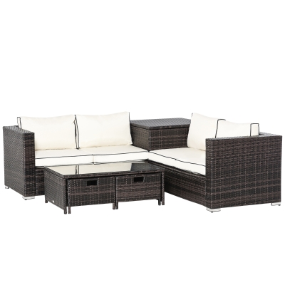 Outsunny 4-Seater Rattan Furniture Sofa Storage Table Set w/ 2 Drawers Corner Table Brown