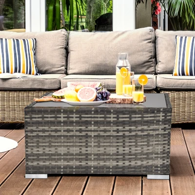 Outsunny Wicker Rattan Table with Glass Top Dark Grey