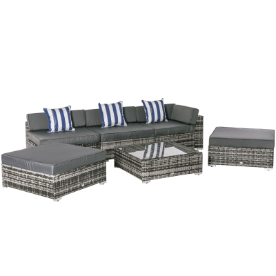 Outsunny 5-Seater Garden Rattan Furniture Set Sectional Wicker Sofa Coffee Table Footstool