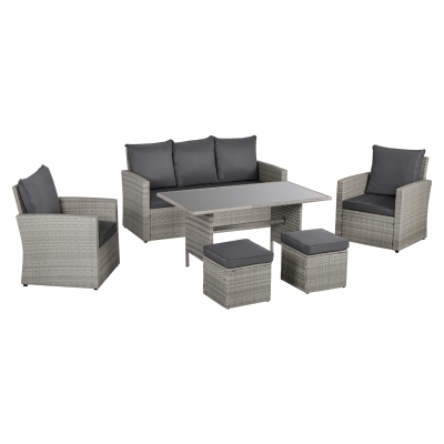 Outsunny 7-Seater Patio PE Rattan Sofa Furniture Set w/ Plastic Wood Dining Table & Cushion
