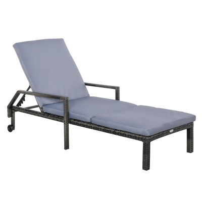 Outsunny Mixed Grey Rattan Sun Lounger Garden Furniture w/ Adjustable Backrest & Wheels