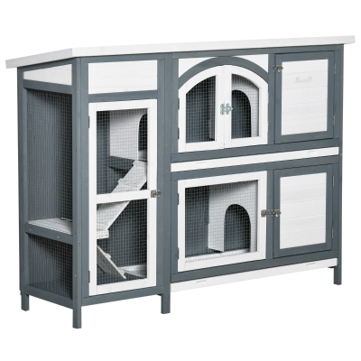 PawHut Conejera de Madera Exterior de 2 Niveles Jaula Grande para 2-4 Conejos con Techo Asfáltico Puertas con Cerradura Bandejas Extraíbles y Rampa 145x48x108 cm Gris y Blanco