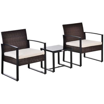 Outsunny Conjunto de Muebles de Ratán de Jardín 3 Piezas Set de Comedor con 1 Mesa 42,5x40x39 cm 2 Sillones 63x57x76 cm y Cojines Acolchados para Patio Terraza Balcón Marrón
