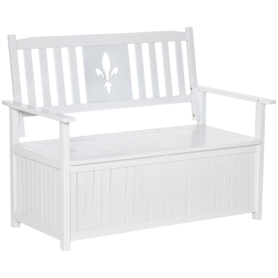 Outsunny Banco de Madeira Exterior de 2 Lugares com Espaço de Armazenamento e Tecido Oxford Banco Baú de Jardim Terraço com Apoio para os Braços Carga 250kg 125x68,5x97 Branco
