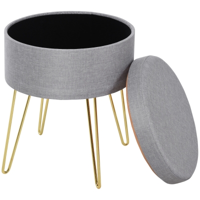 HOMCOM Footstool Ottoman Coffee Table Polyester Upholstered Round Footstool Grey/Gold
