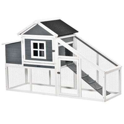PawHut Chicken Coop, Hen House, Wooden Poultry Habitat with Outdoor Run, Nesting Box, Slide Out Tray, Lockable Doors, Ramp, Window, 176 x 66 x 110cm, White
