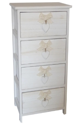 Bianco Cassettiera 4 Cassetti Con Cuore Colore White Washed In Legno Di Paulownia